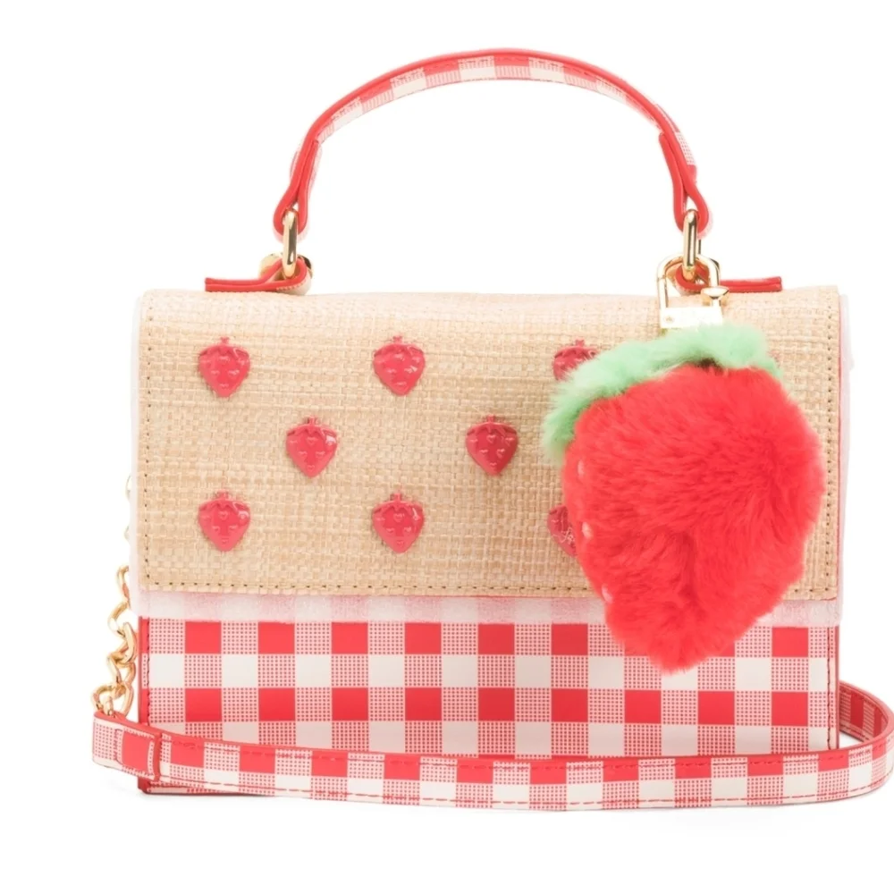 ❤️▪️Betsey Johnson▪️Red & Beige Strawberry Embellished Top-Handle Satchel